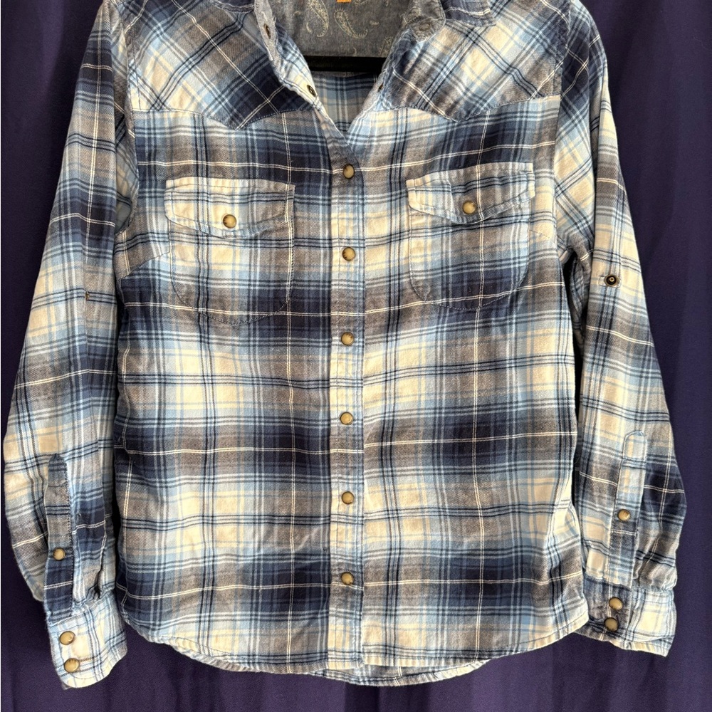 JACHS Girlfriend Blue Plaid Cotton Flannel Shirt Small Snap Front Paisley Beach